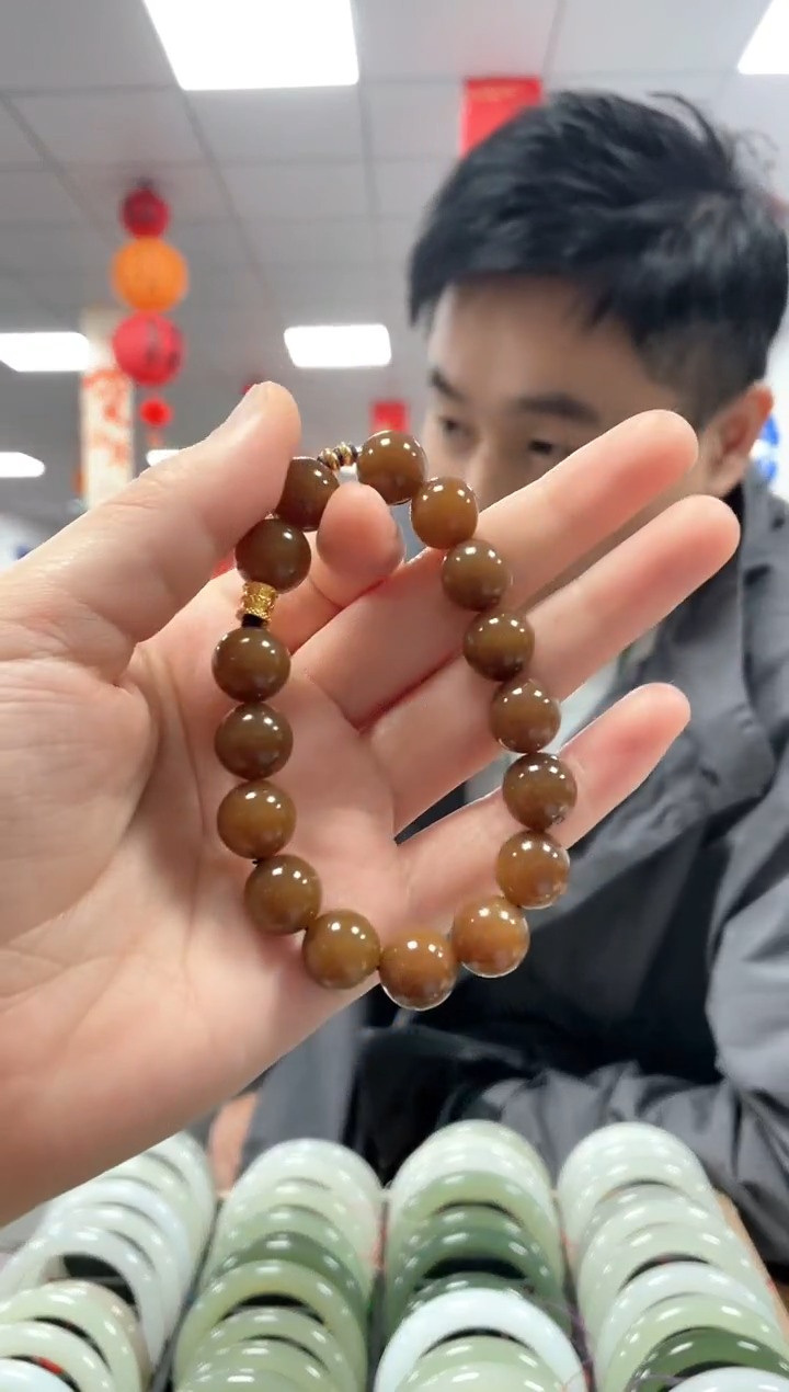 【闪购商品】和田玉手链18K金镶嵌高品且末糖卡12手串一条