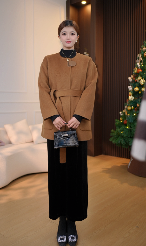 山羊绒羊毛大衣女中式中长款圆领时尚设计款宽松连肩双面呢大衣