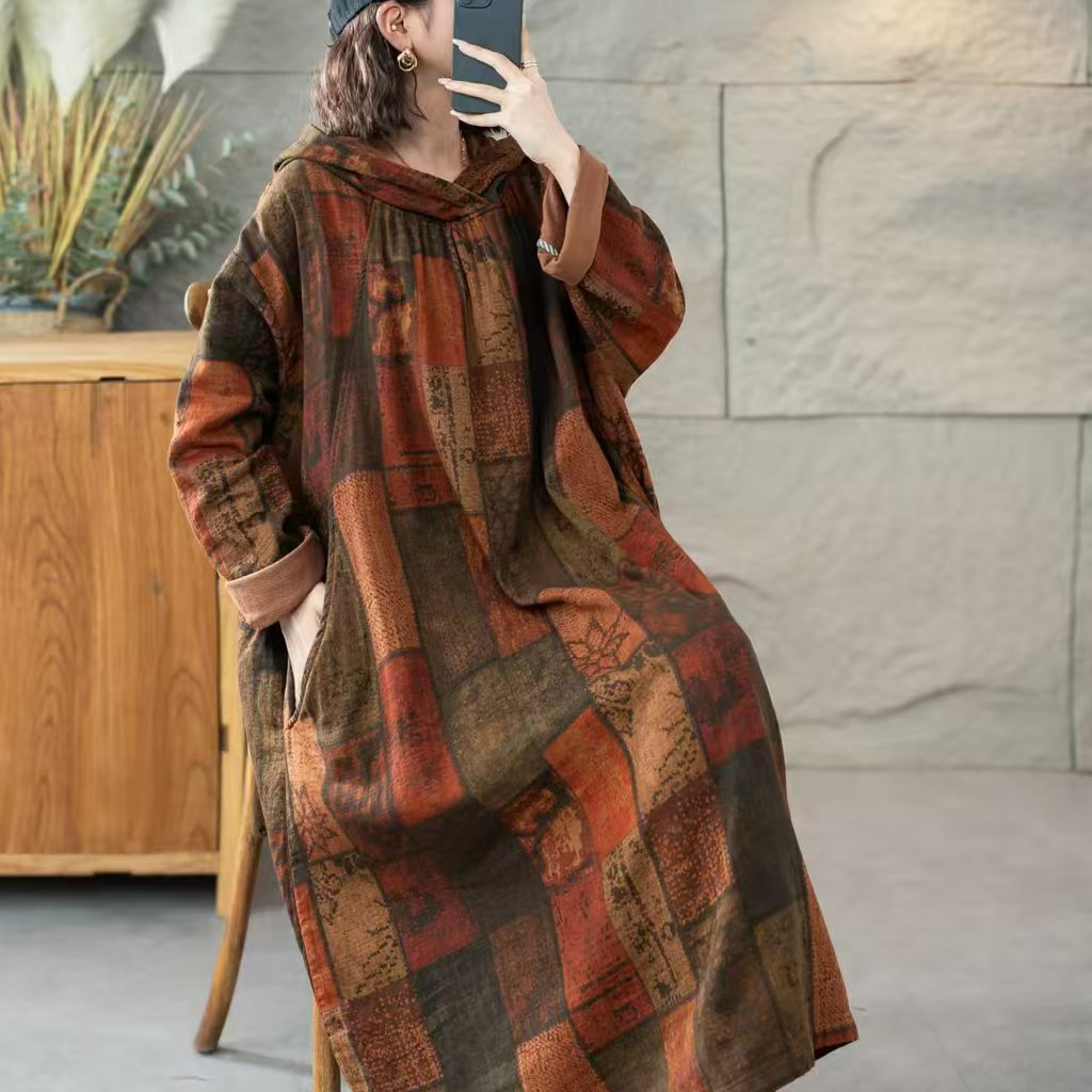 复古民族风长袖印花连帽长裙宽松中长款休闲气质百搭袍子