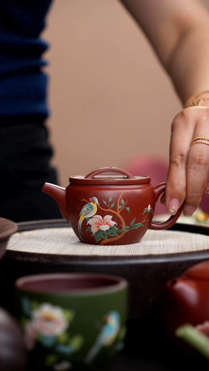 茶壶紫砂朱泥小汉瓦泥绘花鸟