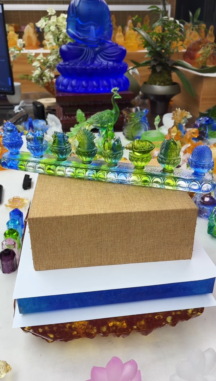 手工艺品琉璃蓝绿彩色八吉祥套装【灯光底座】27*6公分