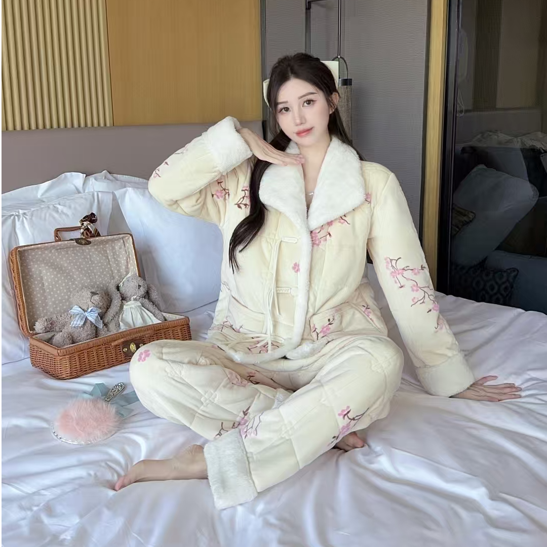 【崔万志工厂】羊绒蚕丝梅花可外穿三层夹棉国风居家服