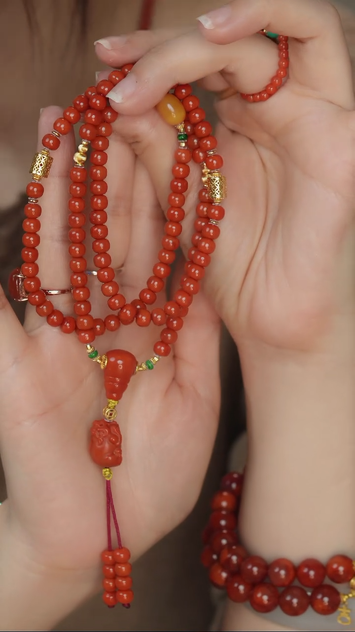 项链银S925镶嵌南红玛瑙108项链三圈手串