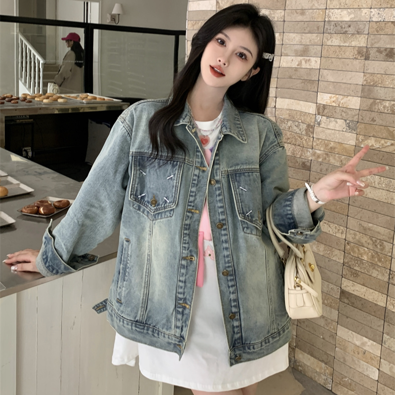 2025新款刺绣水洗做旧牛仔外套女潮ins休闲宽松百搭上衣