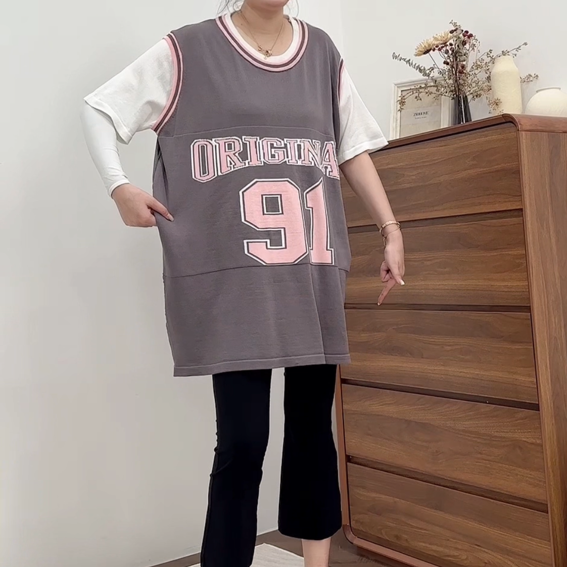 【林南南】圆领拼色字母数字针织短袖休闲时尚百搭688206