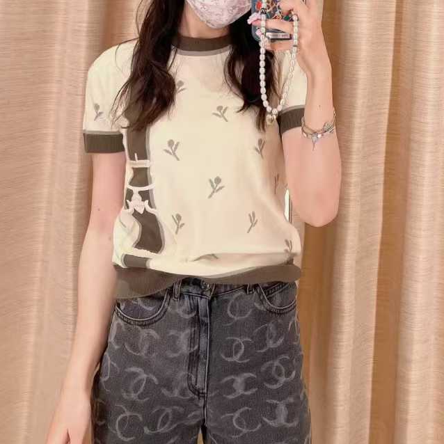 99新 Hermes/爱马仕 40码米拼灰棕花朵提花马蹬刺绣针织短袖上衣