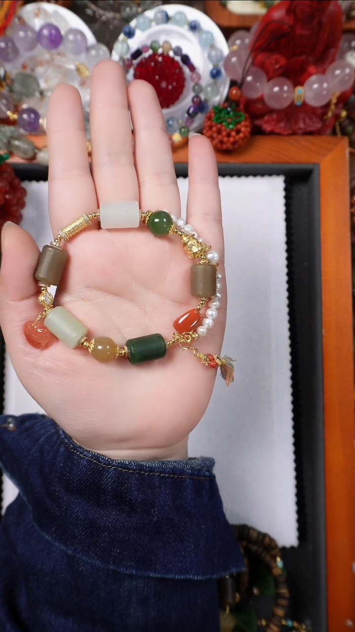 银S925镶嵌手绳和田玉和田玉彩色路路通手绳