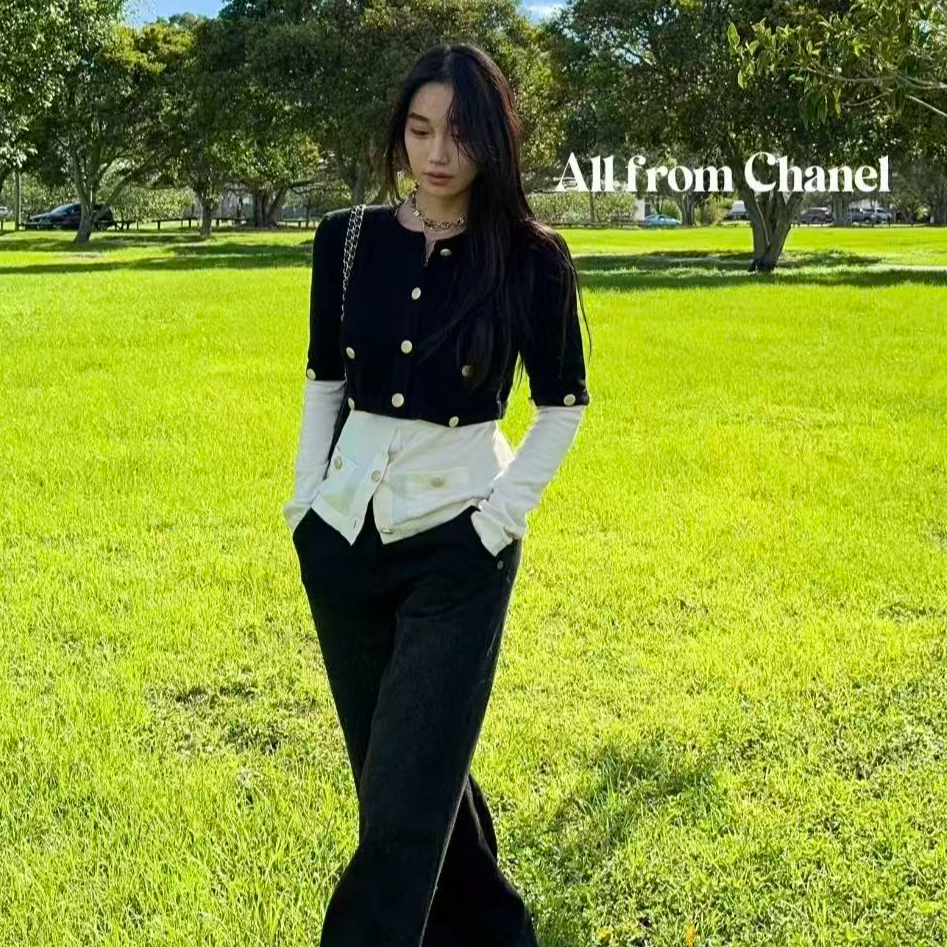 99新 Chanel/香奈儿 蔚蓝/黑白拼接开衫/38码/LZ1027C998