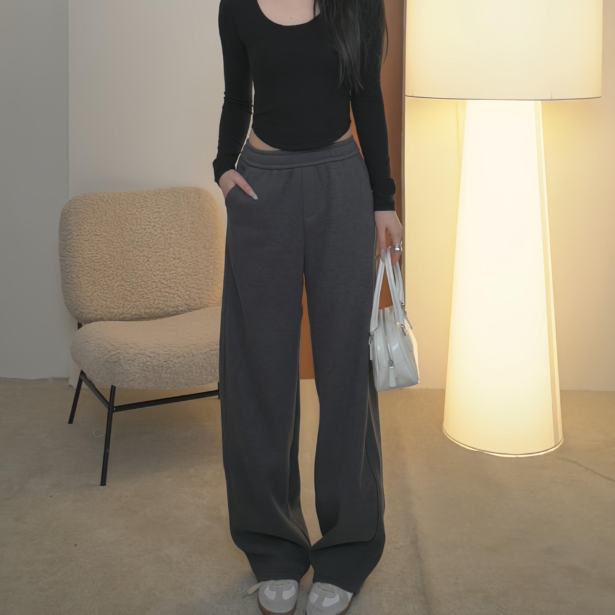 【衣小姐精选】直筒裤高腰冬季秋冬松紧腰休闲裤加绒月牙裤