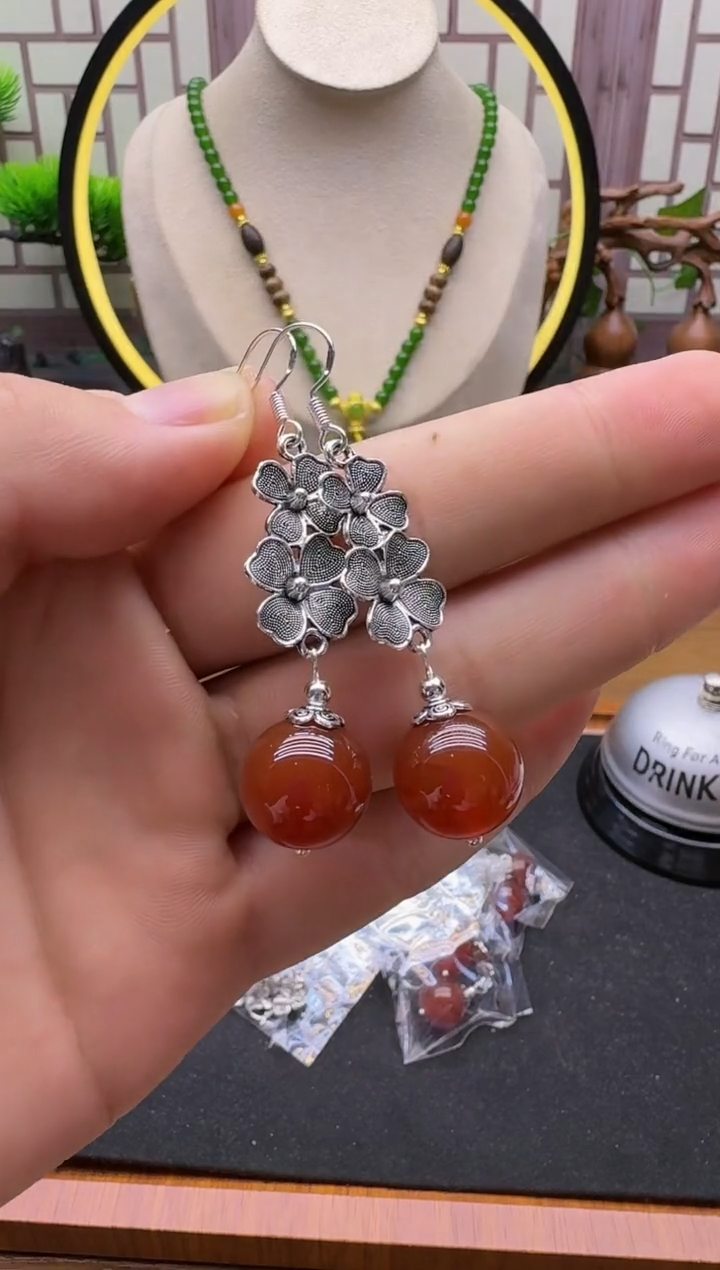 银S925镶嵌南红玛瑙耳饰E211          