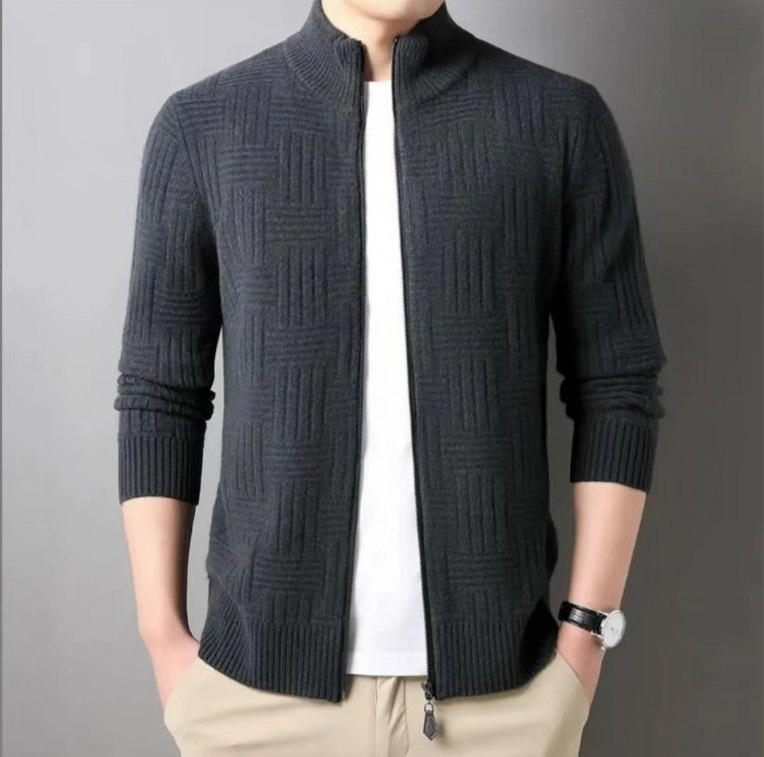 100%纯羊毛男款秋冬高领拉链开衫纯色休闲羊绒毛衣