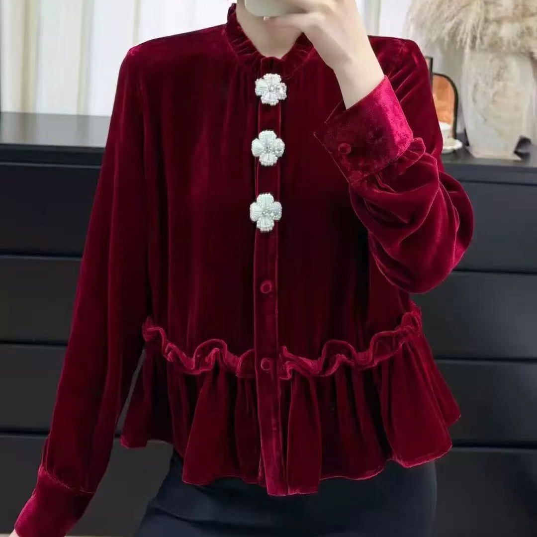 真丝丝绒秋冬衬衫衬衣袖拼接常规款气质衬衫红色圆领显瘦纽扣