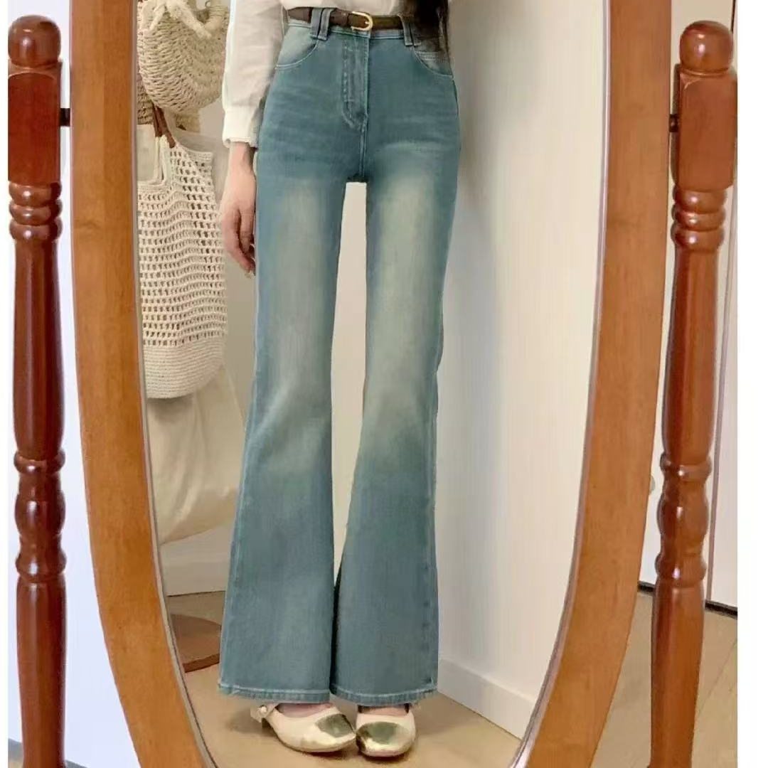 浅色美式复古水洗微喇牛仔裤女夏季高腰显瘦小个子窄版弹力马蹄裤