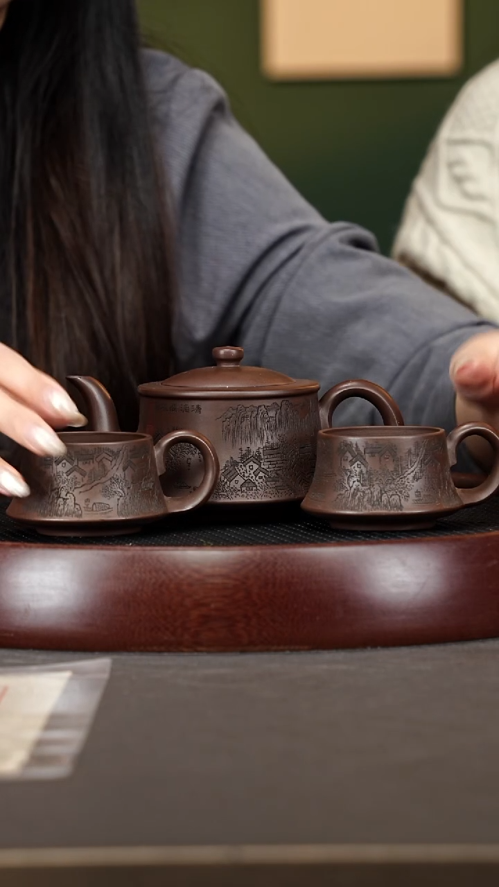 茶壶紫砂55ZWP 曲壶套组 老紫泥 340cc