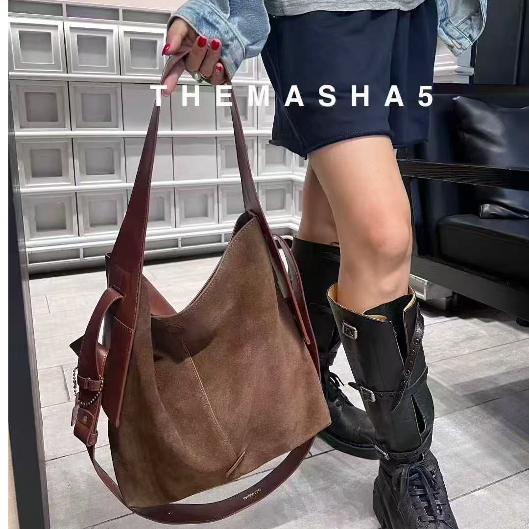 包包女2025新款复古磨砂流行拼接腋下包时尚百搭单肩斜挎包水桶包