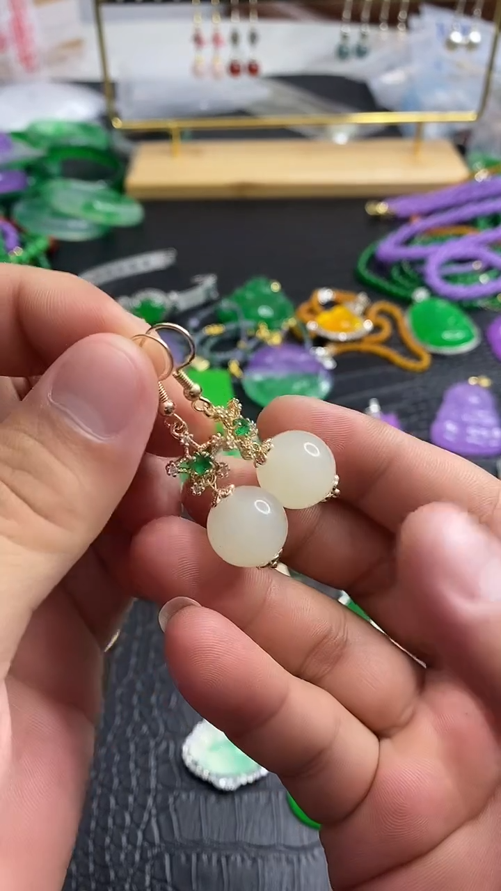 银S925镀金镶嵌和田玉耳饰S007