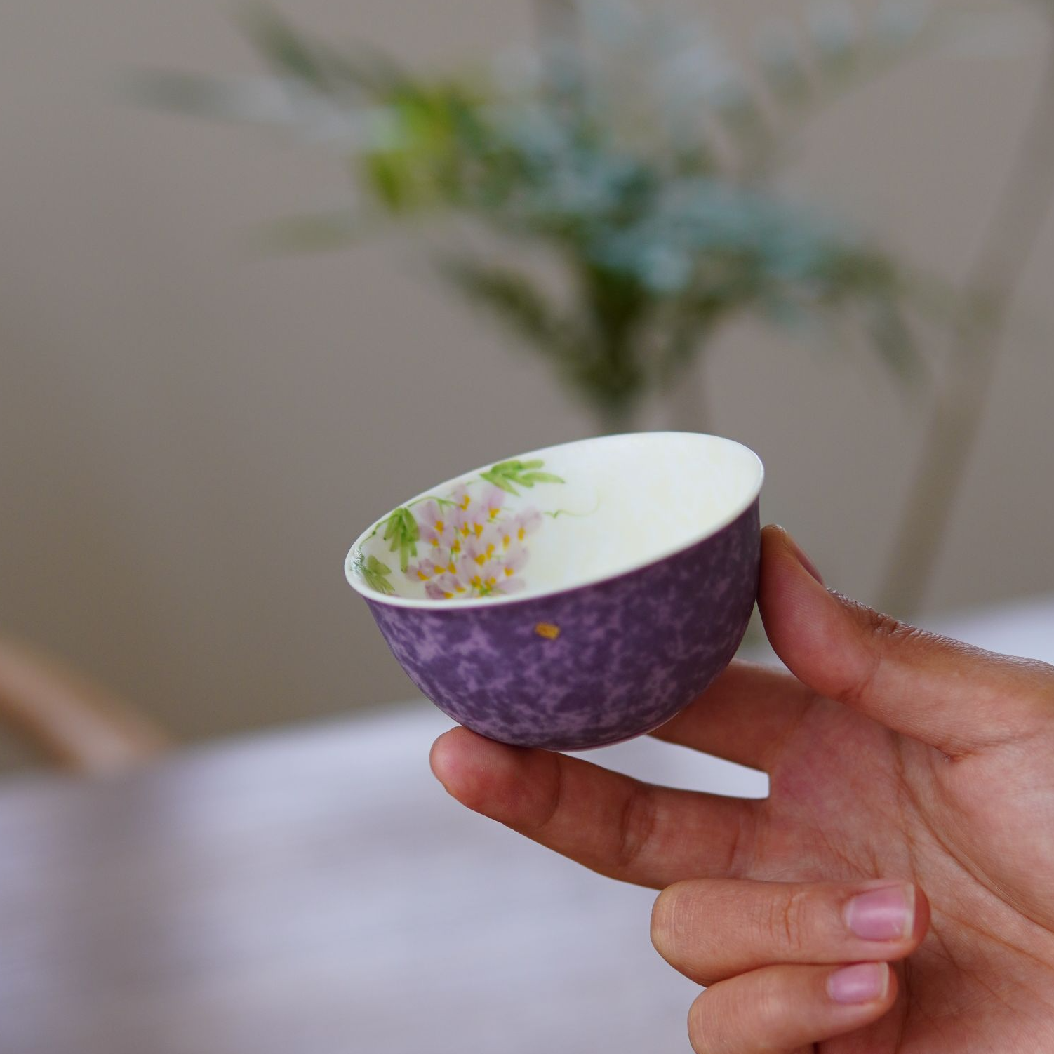 亘古手绘洒金紫藤花茶杯圆融杯高颜值茶具品茗杯家用陶瓷主人杯