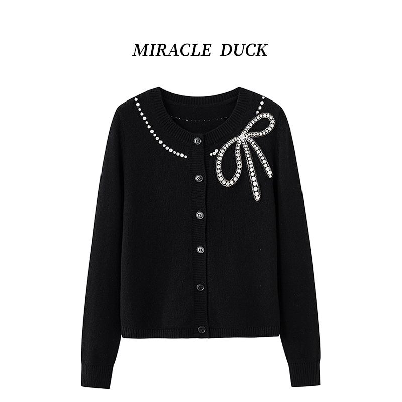 3号【亮钻蝴蝶】春秋冬气质黑色亮钻蝴蝶结圆领长袖针织开衫C1755