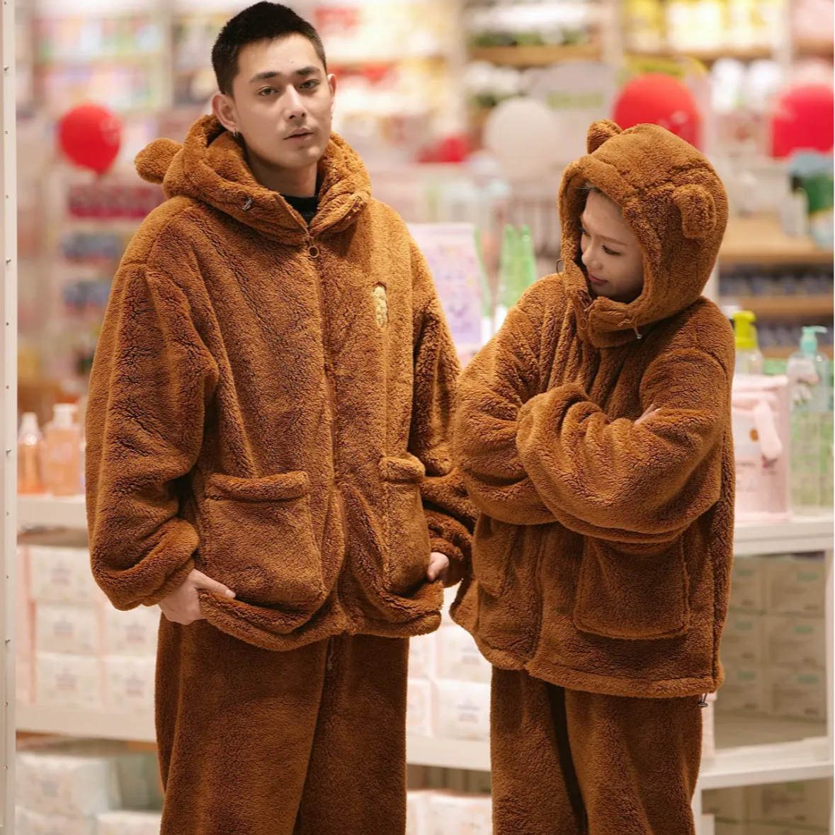 美拉德小熊加绒加厚连帽情侣款宽松睡衣家居服套装保暖