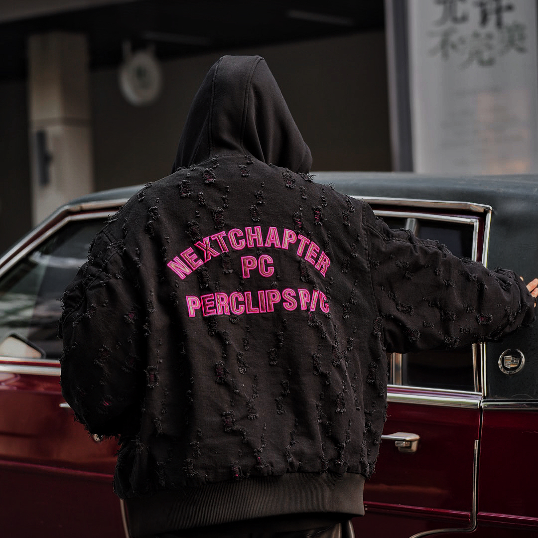 随意对比 新款25FW设计师黑色破坏水洗做旧拉链卫衣连帽夹克棉服