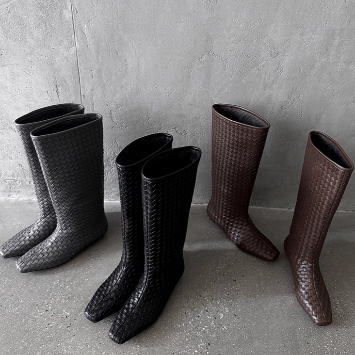 牛皮版~秋冬新款方头编织高筒骑士靴时尚小坡跟宽松套筒长靴女