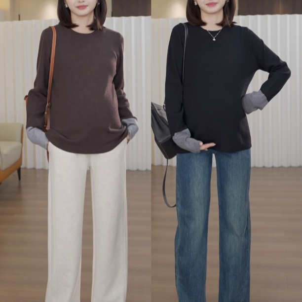 （圆领）拼色袖软糯打底针织上衣外穿秋冬长袖孕妇ZZS006