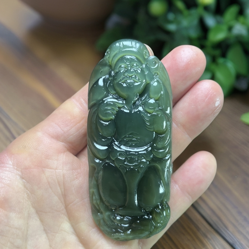 和田玉碧玉精品猫眼财神吊坠