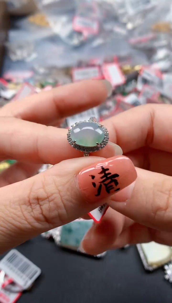 银S925镶嵌戒指翡翠天然A货缅甸翡翠