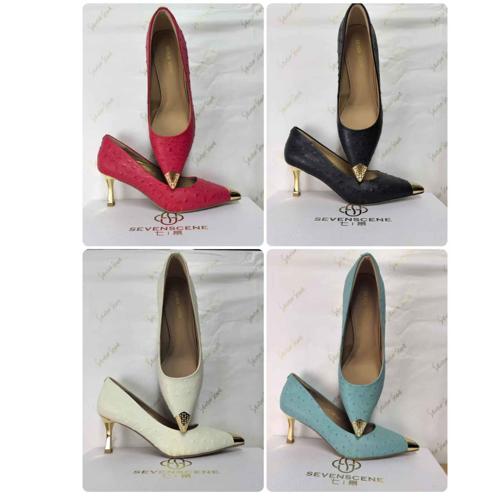 【七景超级太太】春夏新款法式高定鸵鸟皮时尚高跟鞋