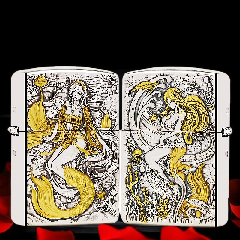 ZIPPO/之宝打火机镀银鎏金【美人鱼】盔甲机原装正品煤油机DYJ1