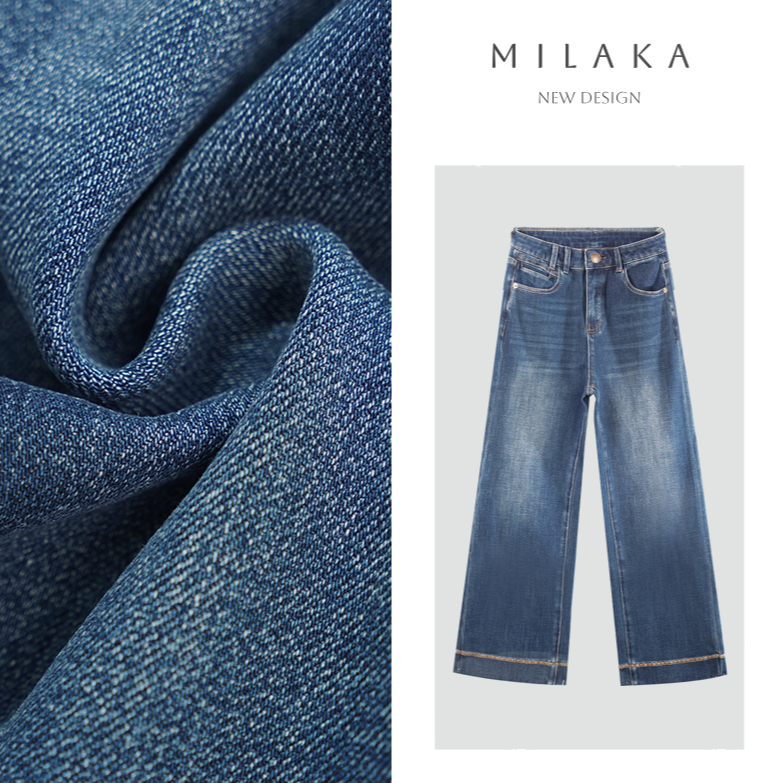 MILAKA•【靛蓝织梦】•四面弹直筒牛仔裤阔腿裤小个子高腰刺绣奶奶裤