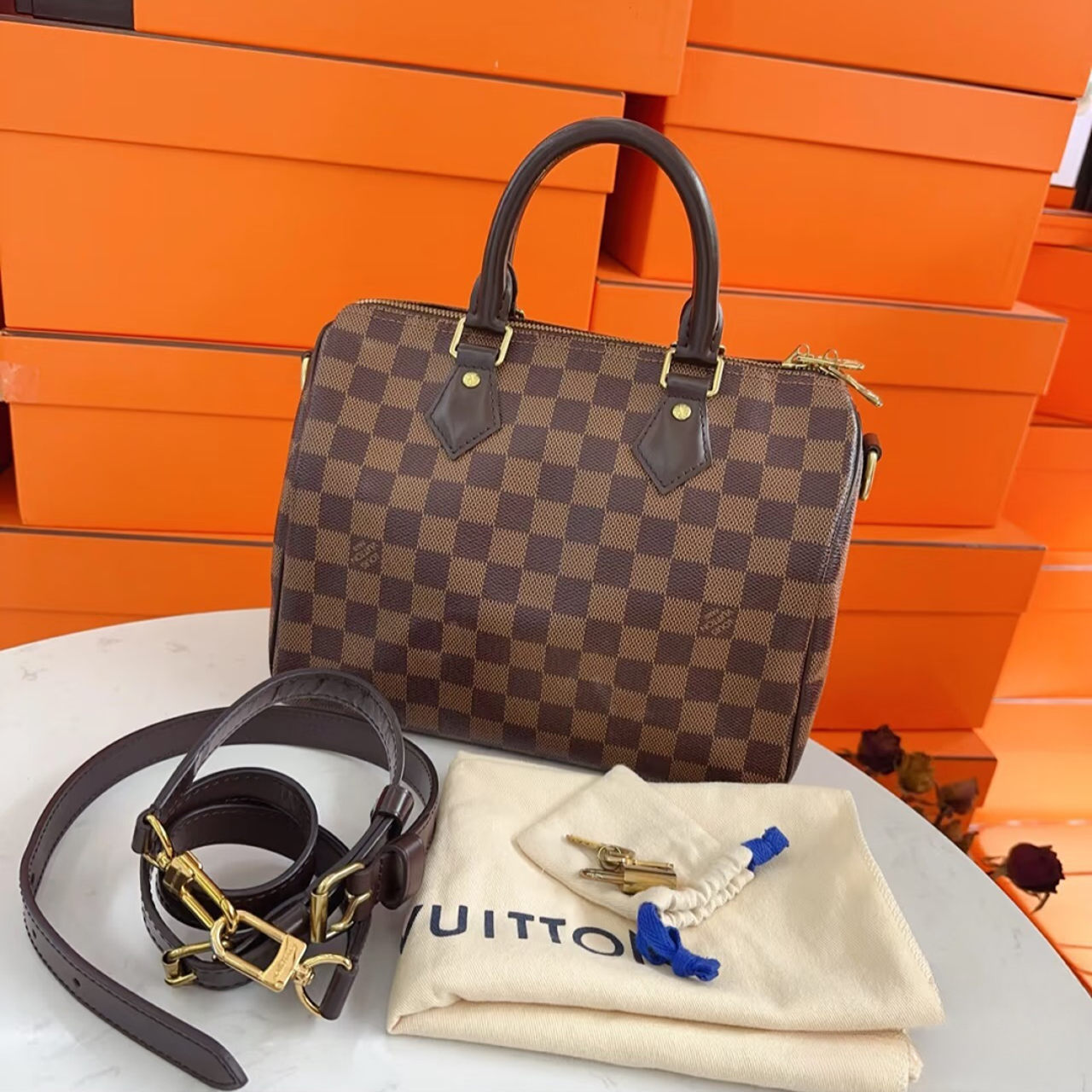 99新 LouisVuitton/路易威登 经典棕棋盘格sp25枕头包单肩包