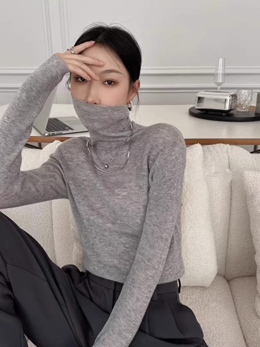 堆堆领羊毛衫女100%纯羊毛修身显瘦针织打底衫薄款高级感套头毛衣