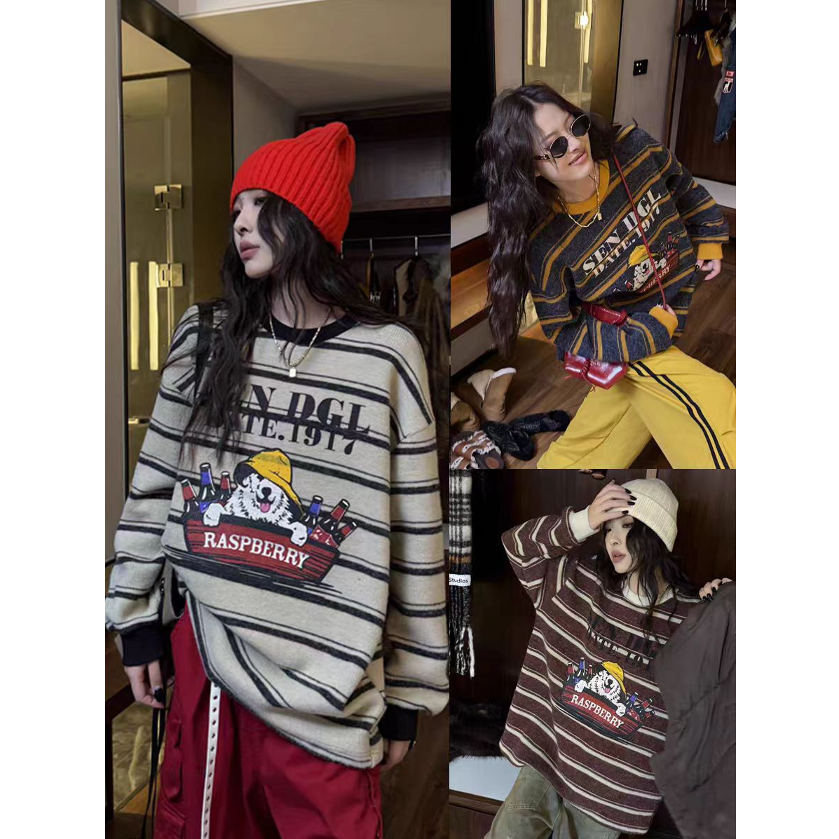 东大门撞色条纹卡通小狗印花女大码胖mm宽松加厚磨毛软糯内T恤