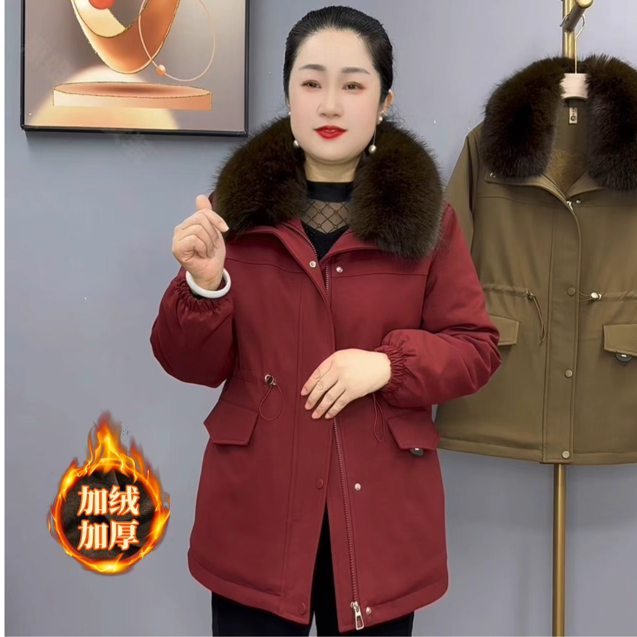 秋冬新款时尚洋气加绒加厚妈妈装中长款冬季保暖棉服外套1368款