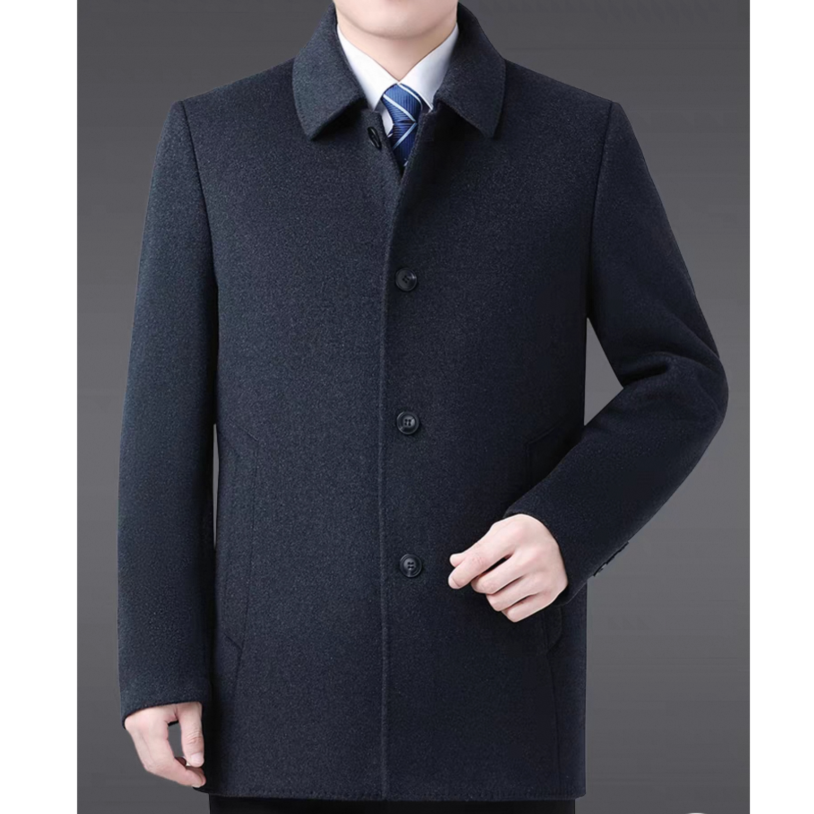 明扣短款手工双面羊毛呢男士休闲商务干部领导中老年秋冬大衣外套