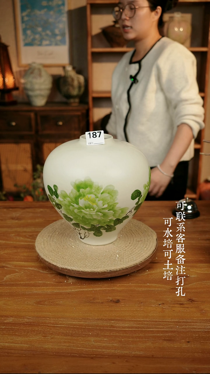 摆件187绿色手绘大肚瓶可水培可土培