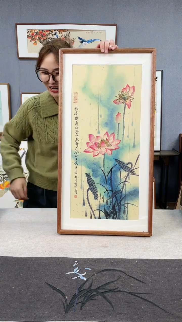 【闪购商品】国画王嘉诚-手绘带框作品-35*68-荷花