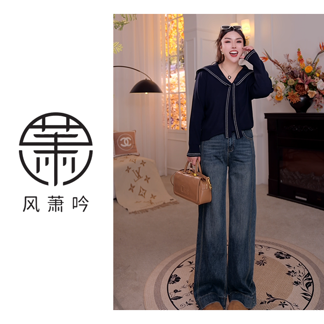 【风萧吟】大码女装韩系海军领2025秋冬针织衫毛衣百搭上衣FXY382