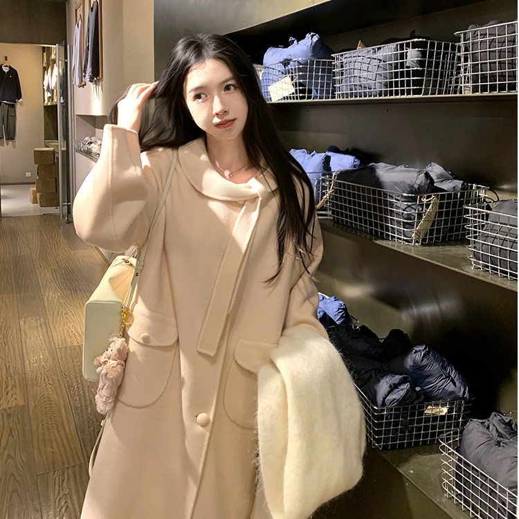 渔小平【瑞贝卡】纯羊毛双面呢大衣红色中长款秋冬蝴蝶结气质外套女