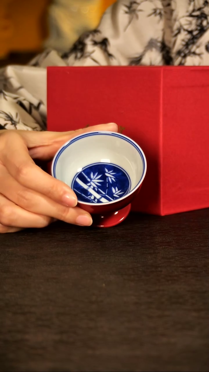 红丰窑红釉内绘竹子高足lgh0005