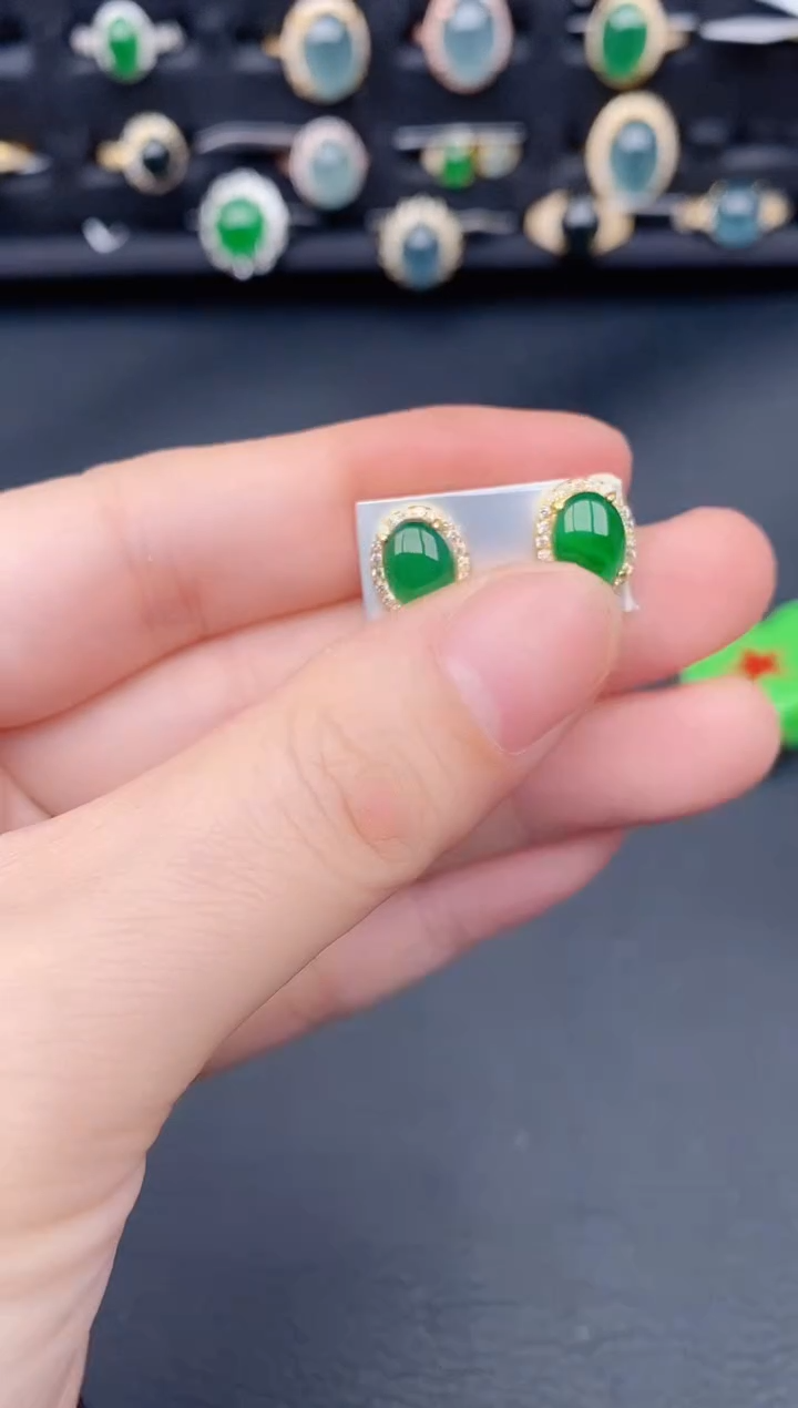 银S925镶嵌翡翠耳饰天然a货翡翠574