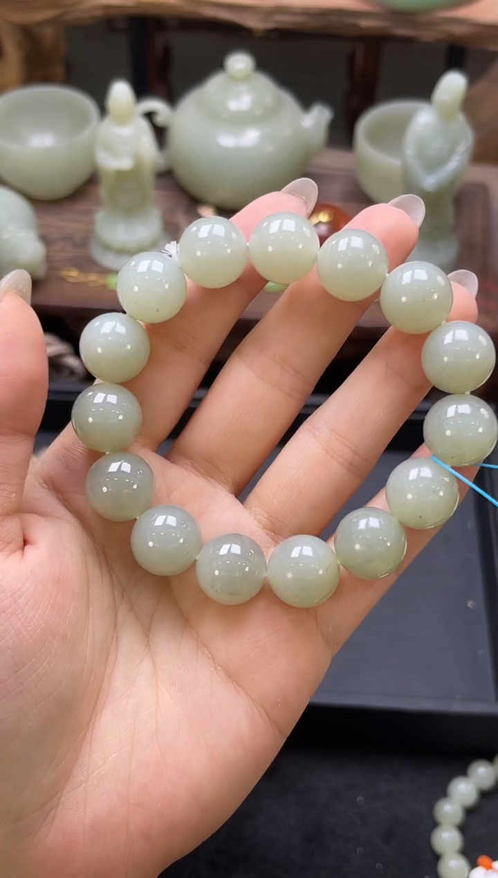 【闪购商品】和田玉未镶嵌手串卡14且末青白 圆珠 9006095