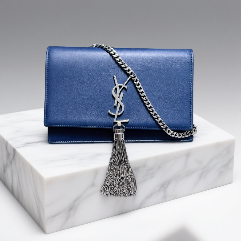 95新 YSL/圣罗兰   蓝银色流苏链条包  1837 4673 