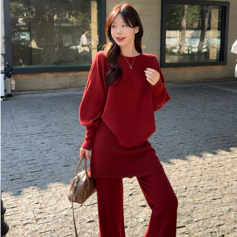 [DARUI]蝙蝠袖毛衣打底衫针织上衣外穿帘阔腿休闲裤子两件套1399