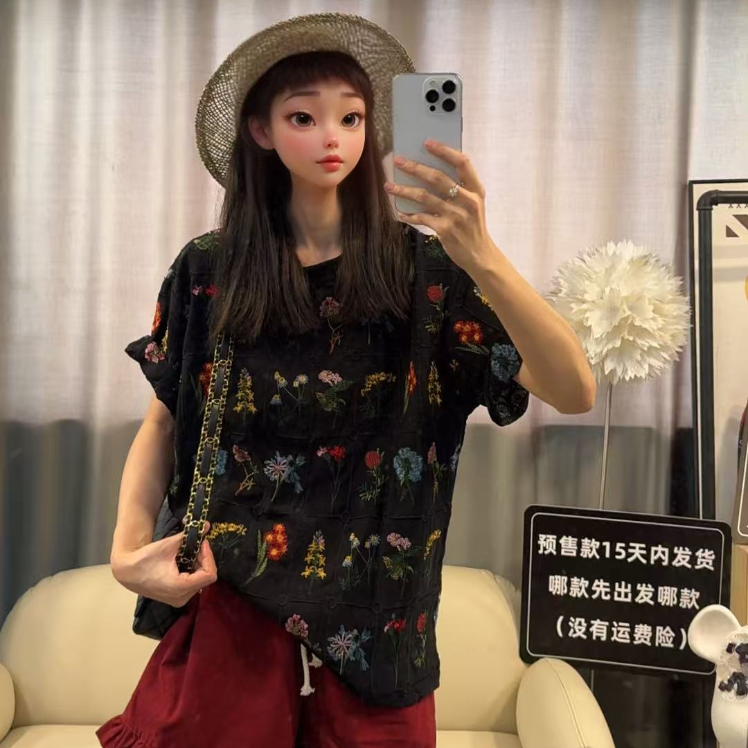 【文乐乐】夏季新款韩版洋气重工刺绣花朵时尚休闲潮流短袖T恤3211