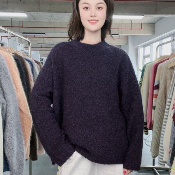 圆领慵懒风女落肩袖针织毛针织衫加厚套头衫时尚（14）