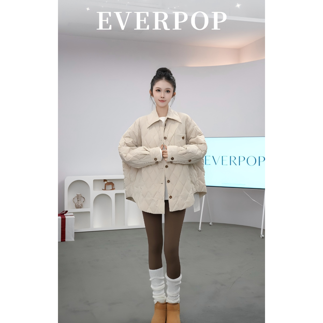 EVERPOP 菱格廓形剪裁保暖90白鹅绒（可溯源）慵懒随性风-EP2557179