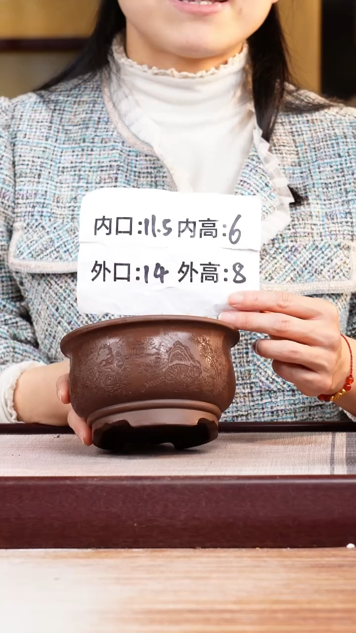 紫砂花盆紫泥刻绘猫咪迷你矮圆盆一只无托