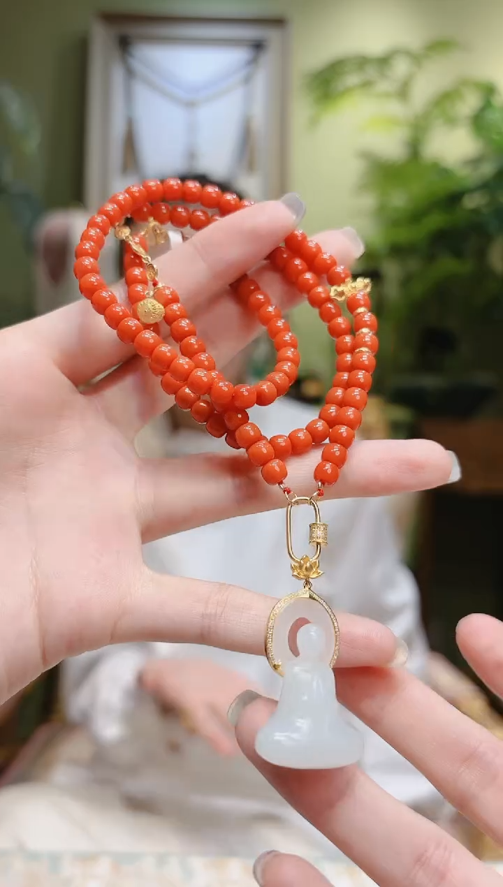 【闪购商品】南红玛瑙项链18K金镶嵌和田玉无相佛南红项链